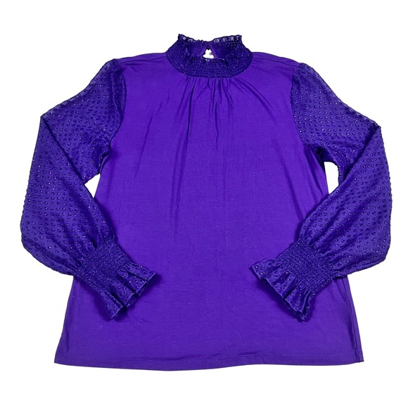 Talbots Tops - Talbots Purple Smocked Mock Neck Top Metallic Swiss Dot Sheer Sleeve Womens Med